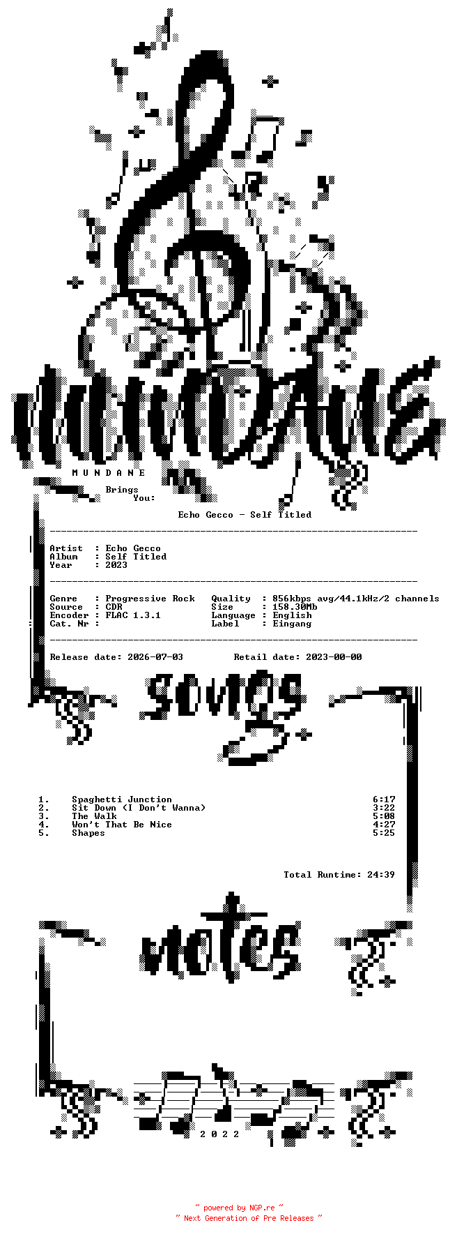NFO for the release Echo_Gecco-Self_Titled-Sampler-CDR-FLAC-2023-MUNDANE by MUNDANE