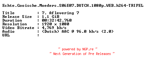 NFO for the release Echte.Gooische.Moeders.S06E07.DUTCH.1080p.WEB.h264-TRIPEL by TRIPEL