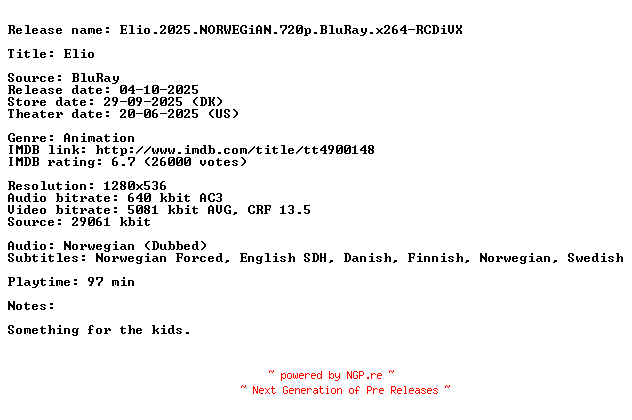 NFO for the release Elio.2025.NORWEGiAN.720p.BluRay.x264-RCDiVX by RCDiVX