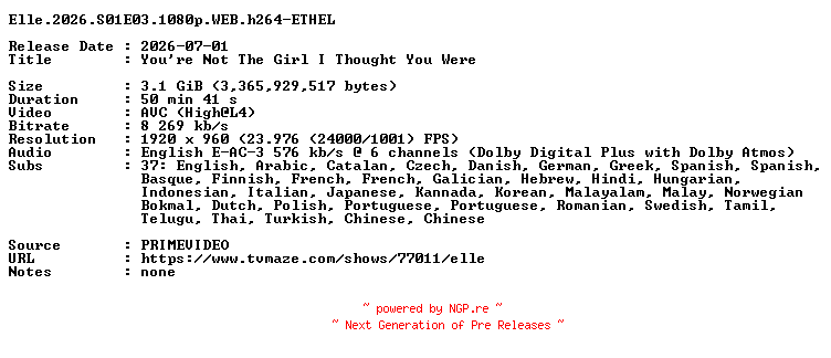 NFO for the release Elle.2026.S01E03.1080p.WEB.h264-ETHEL by ETHEL