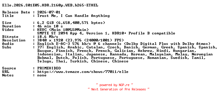NFO for the release Elle.2026.S01E05.HDR.2160p.WEB.h265-ETHEL by ETHEL