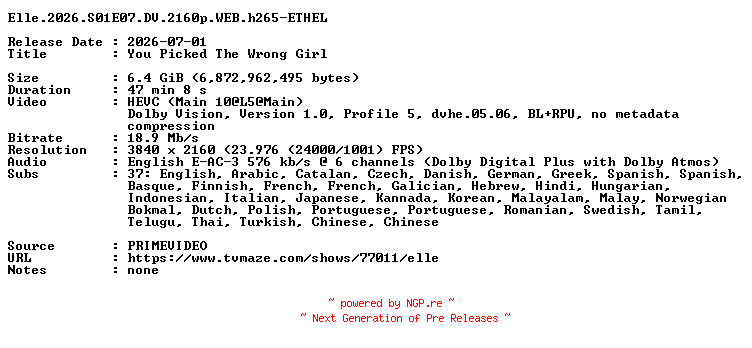 NFO for the release Elle.2026.S01E07.DV.2160p.WEB.h265-ETHEL by ETHEL