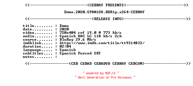 NFO for the release Emma.2020.SPANiSH.BDRip.x264-CEBRAY by CEBRAY