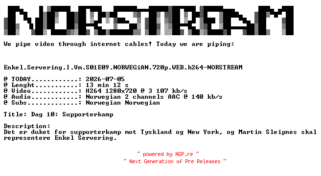NFO for the release Enkel.Servering.I.Vm.S01E09.NORWEGiAN.720p.WEB.h264-NORSTREAM by NORSTREAM