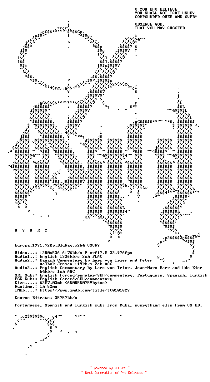 NFO for the release Europa.1991.720p.BluRay.x264-USURY by USURY