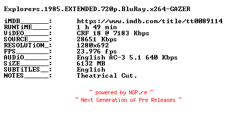 NFO for the release Explorers.1985.EXTENDED.720p.BluRay.x264-GAZER by GAZER
