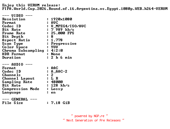 NFO for the release FIFA.World.Cup.2026.Round.of.16.Argentina.vs.Egypt.1080p.WEB.h264-VERUM by VERUM