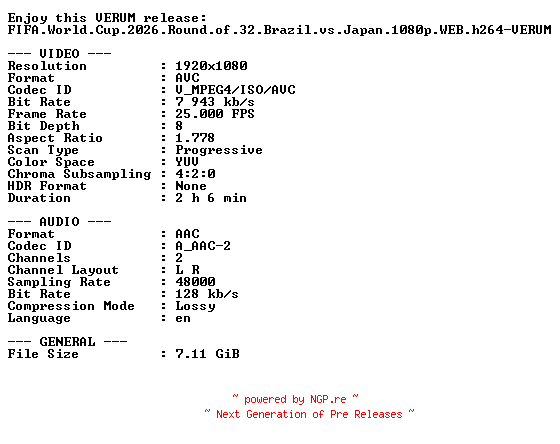 NFO for the release FIFA.World.Cup.2026.Round.of.32.Brazil.vs.Japan.1080p.WEB.h264-VERUM by VERUM