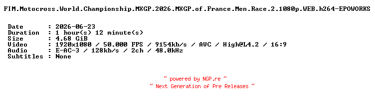 NFO for the release FIM.Motocross.World.Championship.MXGP.2026.MXGP.of.France.Men.Race.2.1080p.WEB.h264-EPOWORKS by EPOWORKS