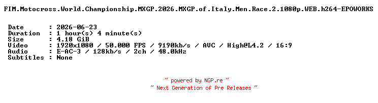 NFO for the release FIM.Motocross.World.Championship.MXGP.2026.MXGP.of.Italy.Men.Race.2.1080p.WEB.h264-EPOWORKS by EPOWORKS