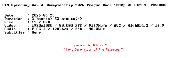 NFO for the release FIM.Speedway.World.Championship.2026.Round.02.Prague.Race.1080p.WEB.h264-EPOWORKS by EPOWORKS