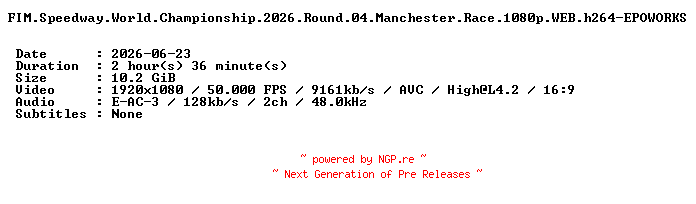 NFO for the release FIM.Speedway.World.Championship.2026.Round.04.Manchester.Race.1080p.WEB.h264-EPOWORKS by EPOWORKS
