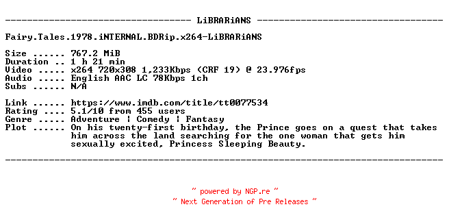 NFO for the release Fairy.Tales.1978.iNTERNAL.BDRip.x264-LiBRARiANS by LiBRARiANS
