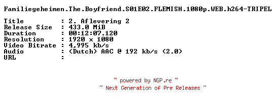NFO for the release Familiegeheimen.The.Boyfriend.S01E02.FLEMISH.1080p.WEB.h264-TRIPEL by TRIPEL