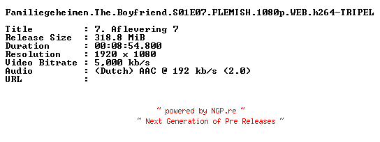 NFO for the release Familiegeheimen.The.Boyfriend.S01E07.FLEMISH.1080p.WEB.h264-TRIPEL by TRIPEL