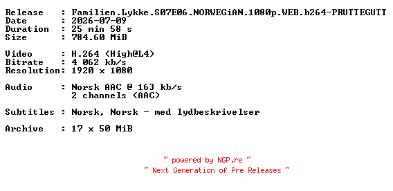 NFO for the release Familien.Lykke.S07E06.NORWEGiAN.1080p.WEB.h264-PRUTTEGUTT by PRUTTEGUTT