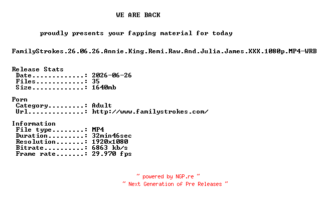 NFO for the release FamilyStrokes.26.06.26.Annie.King.Remi.Raw.And.Julia.James.XXX.1080p.MP4-WRB by WRB
