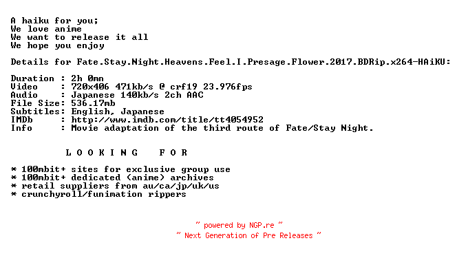NFO for the release Fate.Stay.Night.Heavens.Feel.I.Presage.Flower.2017.BDRip.x264-HAiKU by HAiKU