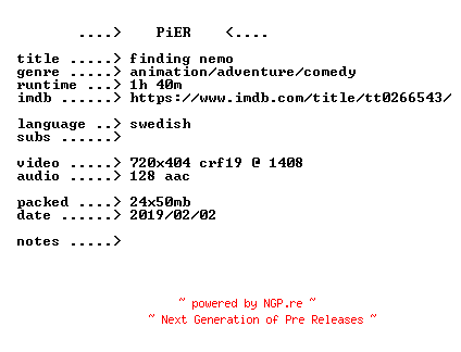NFO for the release Finding.Nemo.2003.iNTERNAL.SWEDiSH.BDRip.x264-PiER by PiER