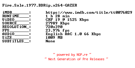 NFO for the release Fire.Sale.1977.BDRip.x264-GAZER by GAZER