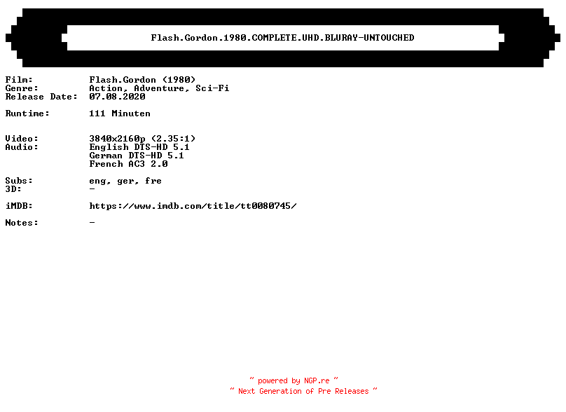 NFO for the release Flash.Gordon.1980.COMPLETE.UHD.BLURAY-UNTOUCHED by UNTOUCHED