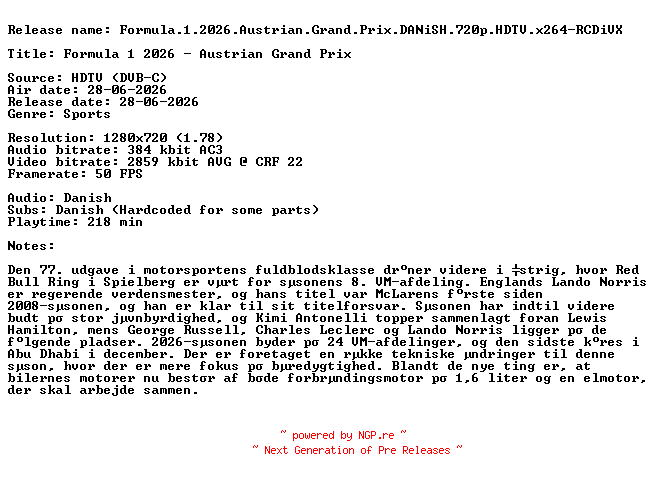 NFO for the release Formula.1.2026.Austrian.Grand.Prix.DANiSH.720p.HDTV.x264-RCDiVX by RCDiVX