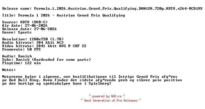 NFO for the release Formula.1.2026.Austrian.Grand.Prix.Qualifying.DANiSH.720p.HDTV.x264-RCDiVX by RCDiVX