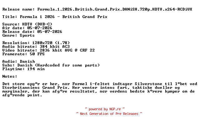 NFO for the release Formula.1.2026.British.Grand.Prix.DANiSH.720p.HDTV.x264-RCDiVX by RCDiVX
