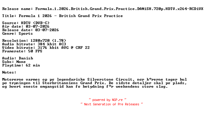 NFO for the release Formula.1.2026.British.Grand.Prix.Practice.DANiSH.720p.HDTV.x264-RCDiVX by RCDiVX