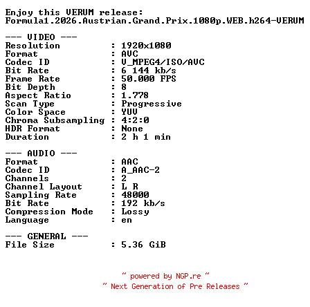 NFO for the release Formula1.2026.Austrian.Grand.Prix.1080p.WEB.h264-VERUM by VERUM
