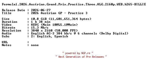 NFO for the release Formula1.2026.Austrian.Grand.Prix.Practice.Three.HLG.2160p.WEB.h265-BILLIE by BILLIE