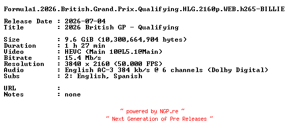 NFO for the release Formula1.2026.British.Grand.Prix.Qualifying.HLG.2160p.WEB.h265-BILLIE by BILLIE