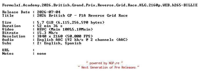 NFO for the release Formula1.Academy.2026.British.Grand.Prix.Reverse.Grid.Race.HLG.2160p.WEB.h265-BILLIE by BILLIE