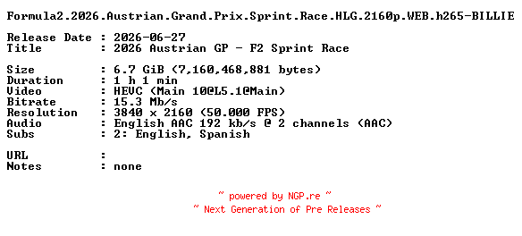 NFO for the release Formula2.2026.Austrian.Grand.Prix.Sprint.Race.HLG.2160p.WEB.h265-BILLIE by BILLIE