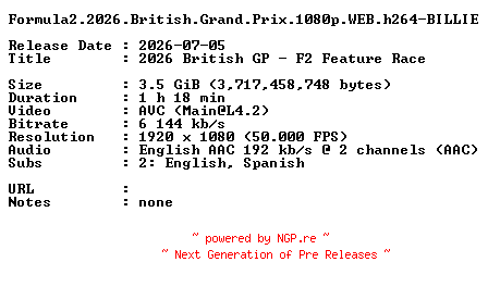 NFO for the release Formula2.2026.British.Grand.Prix.1080p.WEB.h264-BILLIE by BILLIE