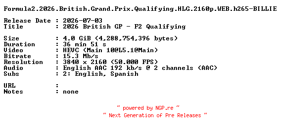 NFO for the release Formula2.2026.British.Grand.Prix.Qualifying.HLG.2160p.WEB.h265-BILLIE by BILLIE