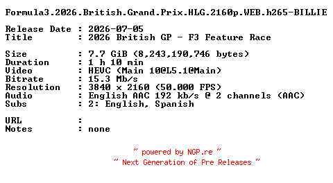NFO for the release Formula3.2026.British.Grand.Prix.HLG.2160p.WEB.h265-BILLIE by BILLIE