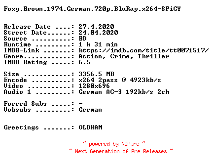 NFO for the release Foxy.Brown.1974.German.720p.BluRay.x264-SPiCY by SPiCY