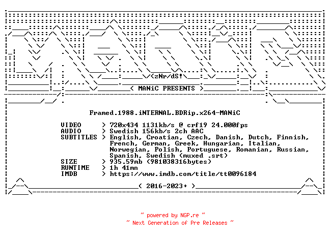 NFO for the release Framed.1988.iNTERNAL.BDRip.x264-MANiC by MANiC