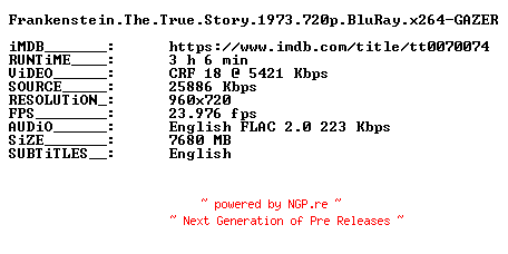 NFO for the release Frankenstein.The.True.Story.1973.720p.BluRay.x264-GAZER by GAZER