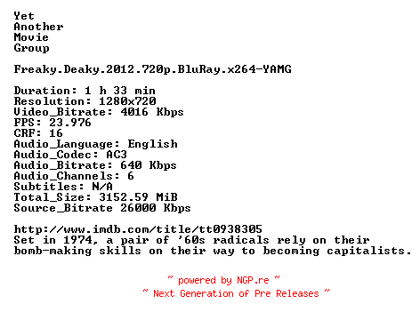 NFO for the release Freaky.Deaky.2012.720p.BluRay.x264-YAMG by YAMG