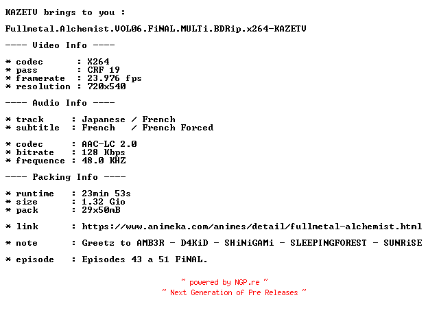 NFO for the release Fullmetal.Alchemist.VOL06.FiNAL.MULTi.BDRip.x264-KAZETV by KAZETV