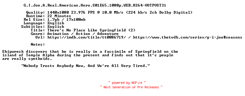 NFO for the release G.I.Joe.A.Real.American.Hero.S01E65.1080p.WEB.H264-OUTPOST31 by OUTPOST31