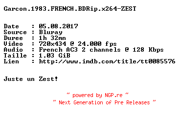 NFO for the release Garcon.1983.FRENCH.BDRip.x264-ZEST by ZEST