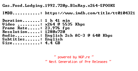 NFO for the release Gas.Food.Lodging.1992.720p.BluRay.x264-SPOOKS by SPOOKS