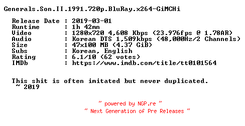 NFO for the release Generals.Son.II.1991.720p.BluRay.x264-GiMCHi by GiMCHi