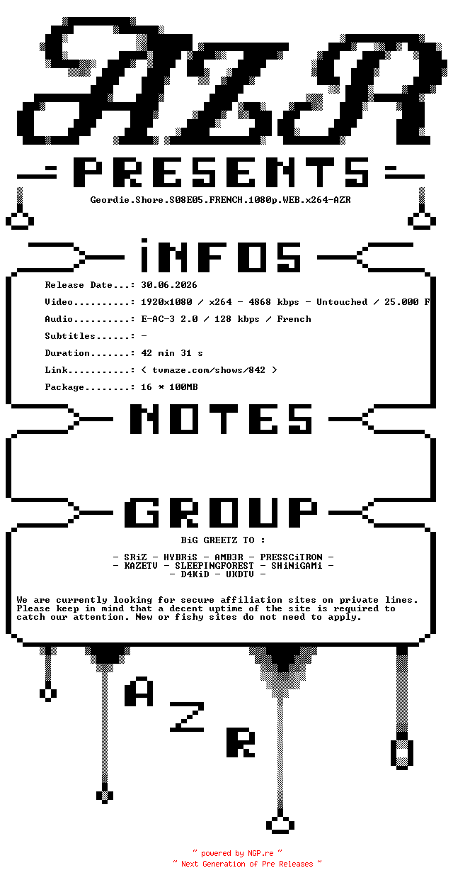 NFO for the release Geordie.Shore.S08E05.FRENCH.1080p.WEB.x264-AZR by AZR