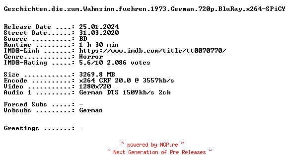 NFO for the release Geschichten.die.zum.Wahnsinn.fuehren.1973.German.720p.BluRay.x264-SPiCY by SPiCY