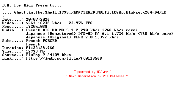 NFO for the release Ghost.in.the.Shell.1995.REMASTERED.MULTi.1080p.BluRay.x264-D4KiD by D4KiD