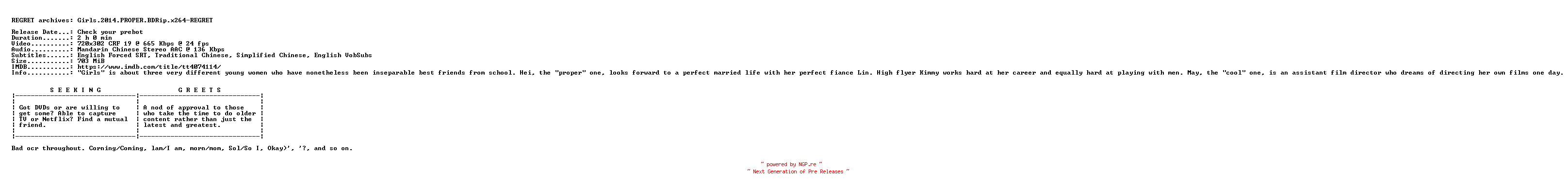 NFO for the release Girls.2014.PROPER.BDRip.x264-REGRET by REGRET